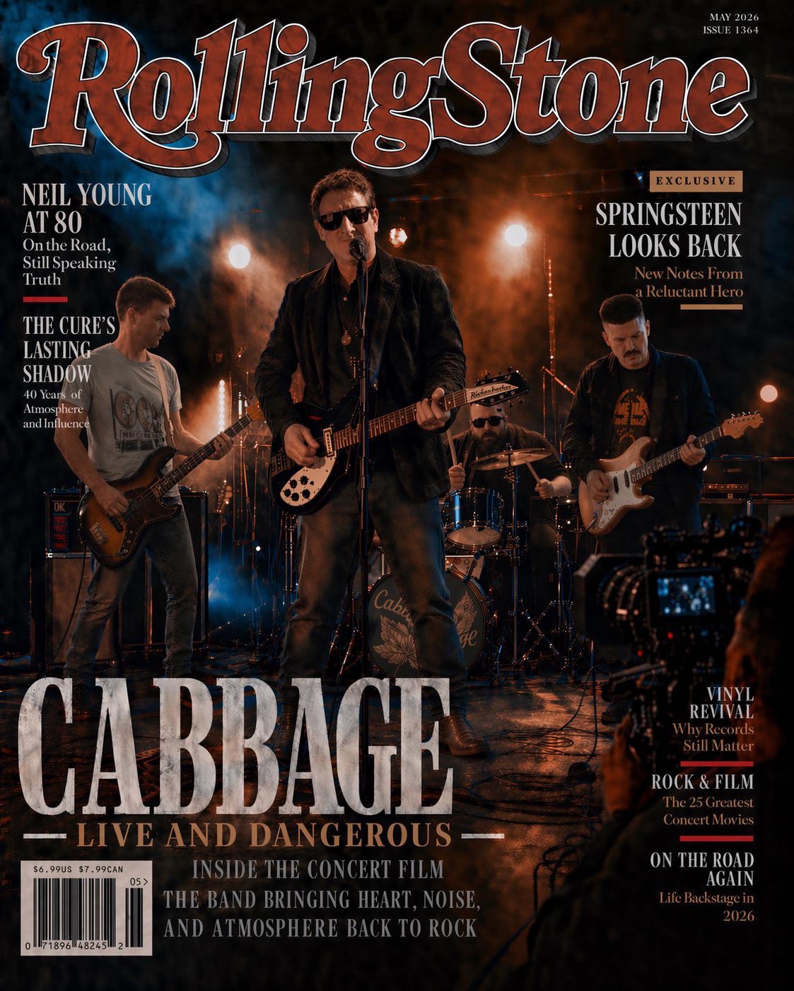 The original, complete AI-created Rolling Stone-style Cabbage cover artwork, featuring all four musicians onstage.